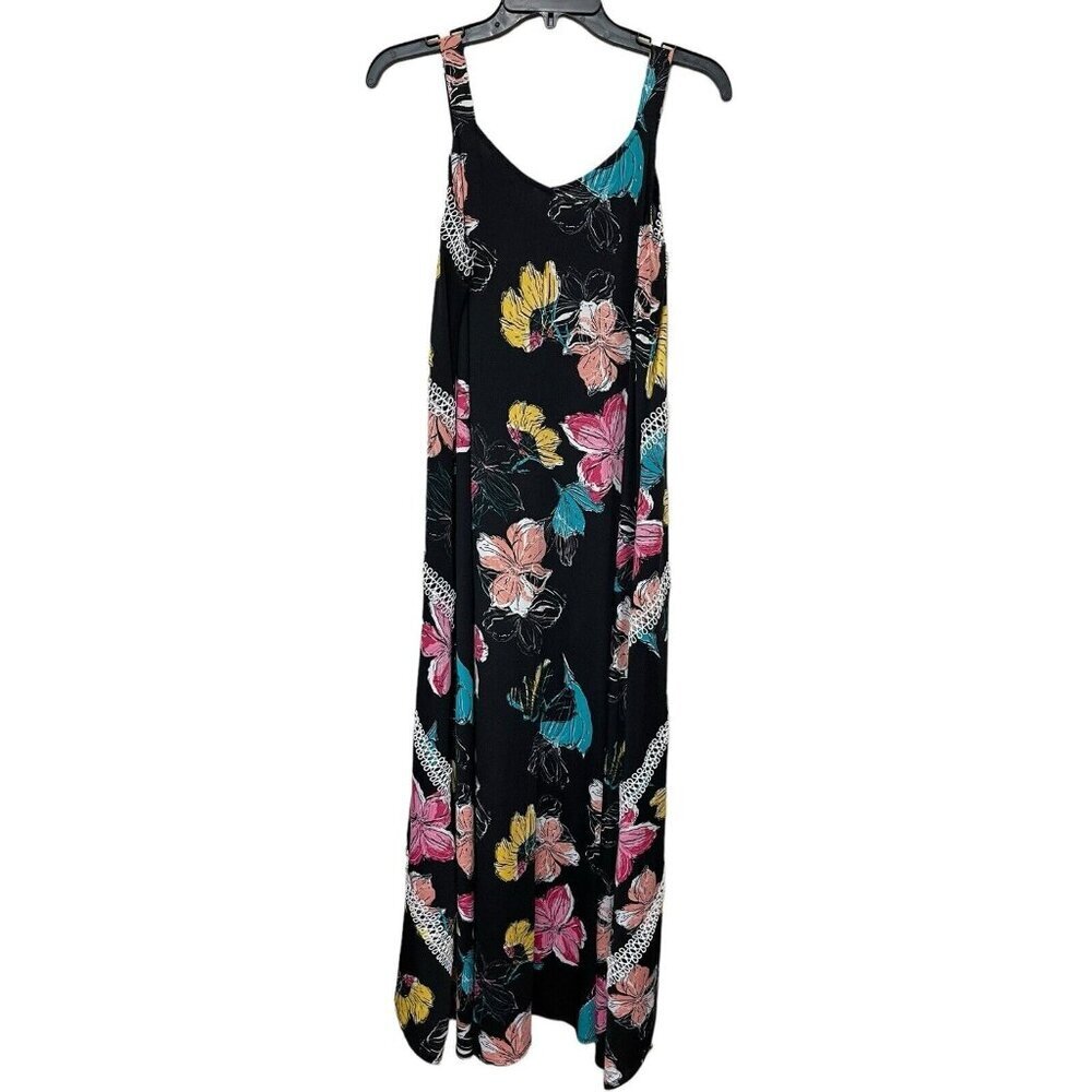 Black Floral Maxi Dress Hi-Lo Hem Sz Med Beach Vacation Y2K babydoll‎ Romantic - Picture 3 of 8